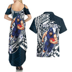 Personalized Carlton Blues Couples Matching Summer Maxi Dress and Hawaiian Shirt Polynesian Tribal Baggers Mascot With Hibiscus Floral Art