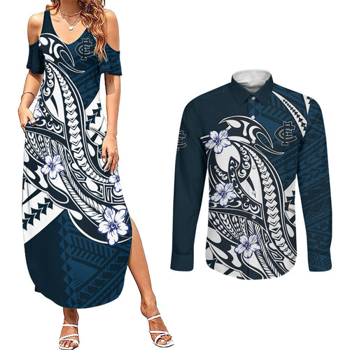 Personalized Carlton Blues Couples Matching Summer Maxi Dress and Long Sleeve Button Shirt Polynesian Tribal Baggers Mascot With Hibiscus Floral Art