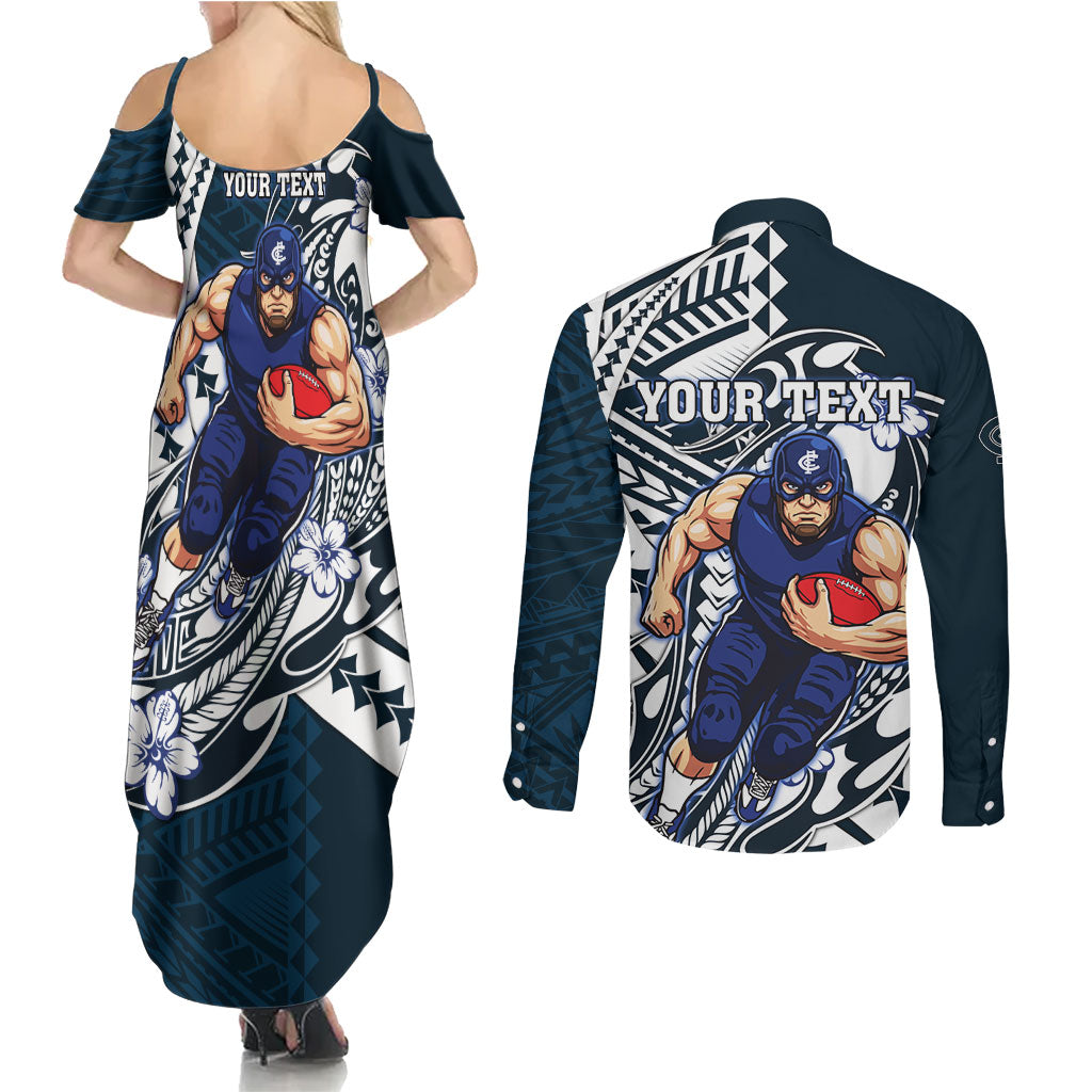 Personalized Carlton Blues Couples Matching Summer Maxi Dress and Long Sleeve Button Shirt Polynesian Tribal Baggers Mascot With Hibiscus Floral Art