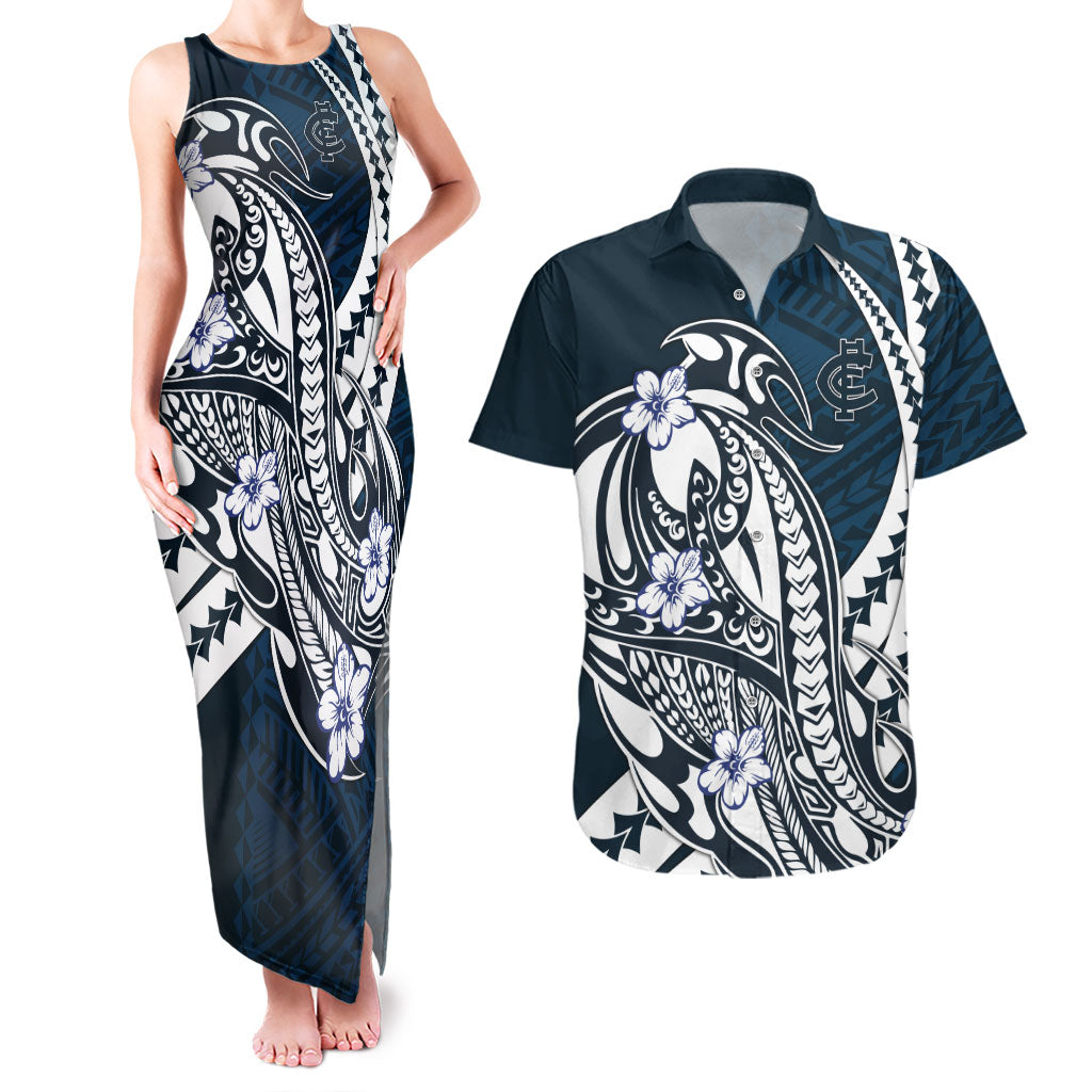 Personalized Carlton Blues Couples Matching Tank Maxi Dress and Hawaiian Shirt Polynesian Tribal Baggers Mascot With Hibiscus Floral Art