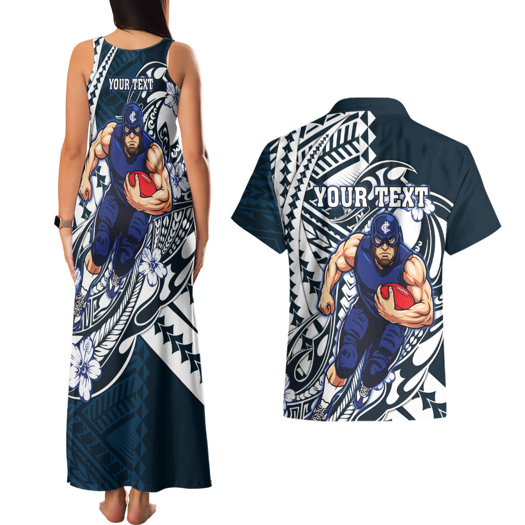 Personalized Carlton Blues Couples Matching Tank Maxi Dress and Hawaiian Shirt Polynesian Tribal Baggers Mascot With Hibiscus Floral Art