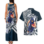 Personalized Carlton Blues Couples Matching Tank Maxi Dress and Hawaiian Shirt Polynesian Tribal Baggers Mascot With Hibiscus Floral Art