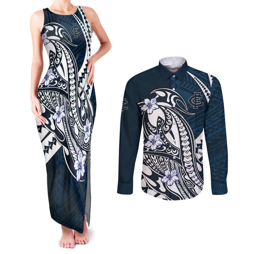 Personalized Carlton Blues Couples Matching Tank Maxi Dress and Long Sleeve Button Shirt Polynesian Tribal Baggers Mascot With Hibiscus Floral Art