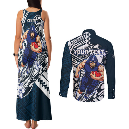 Personalized Carlton Blues Couples Matching Tank Maxi Dress and Long Sleeve Button Shirt Polynesian Tribal Baggers Mascot With Hibiscus Floral Art