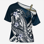 Personalized Carlton Blues Cross Shoulder Shirt Polynesian Tribal Baggers Mascot With Hibiscus Floral Art
