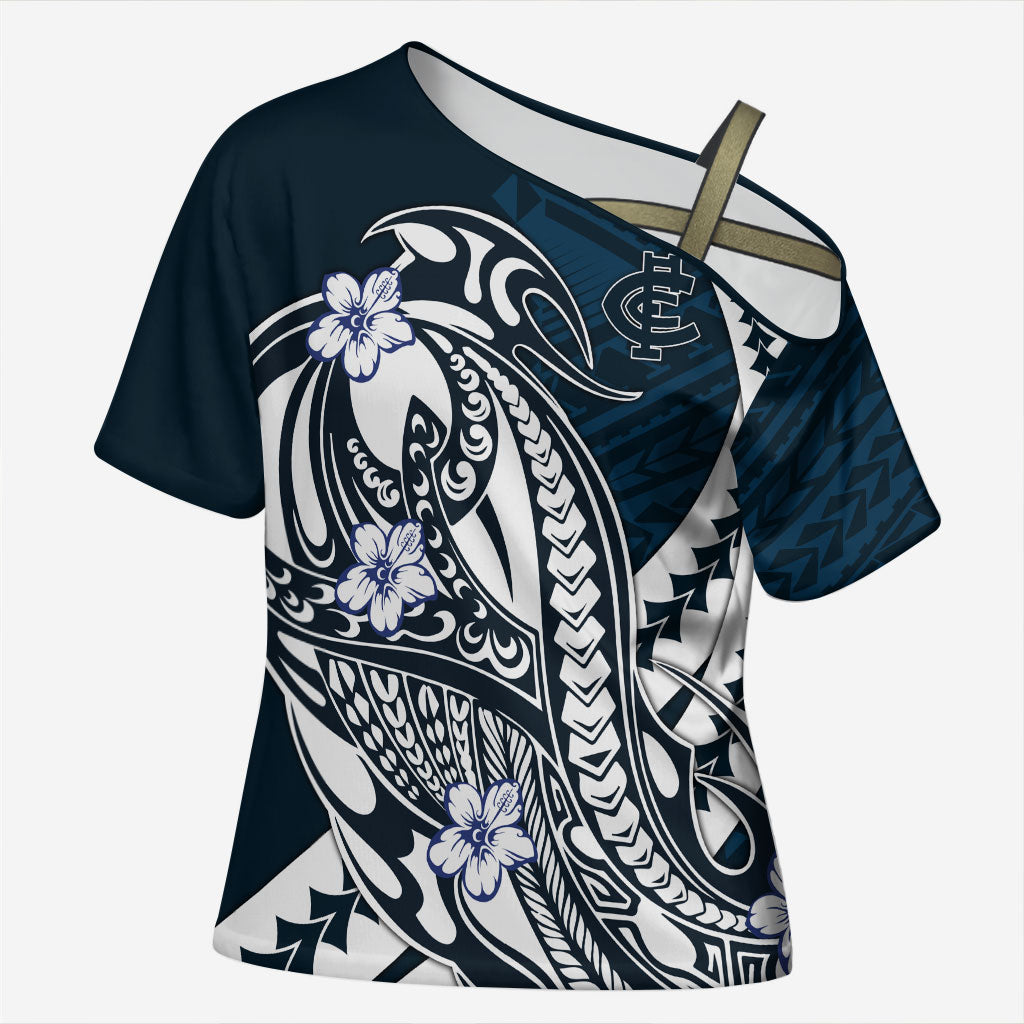 Personalized Carlton Blues Cross Shoulder Shirt Polynesian Tribal Baggers Mascot With Hibiscus Floral Art