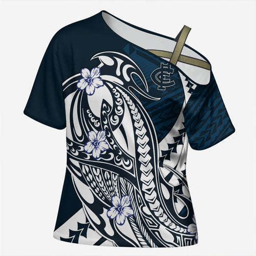 Personalized Carlton Blues Cross Shoulder Shirt Polynesian Tribal Baggers Mascot With Hibiscus Floral Art