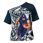 Personalized Carlton Blues Cross Shoulder Shirt Polynesian Tribal Baggers Mascot With Hibiscus Floral Art