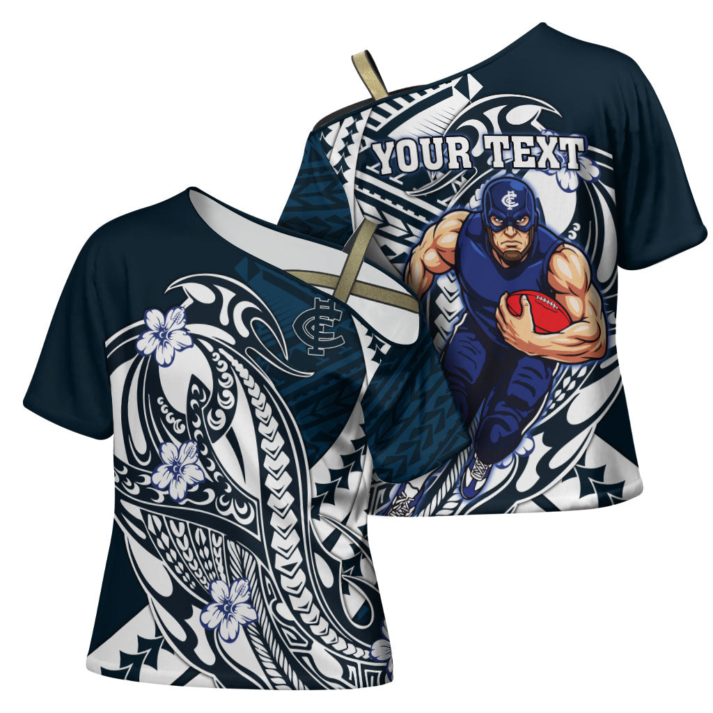 Personalized Carlton Blues Cross Shoulder Shirt Polynesian Tribal Baggers Mascot With Hibiscus Floral Art