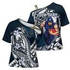 Personalized Carlton Blues Cross Shoulder Shirt Polynesian Tribal Baggers Mascot With Hibiscus Floral Art