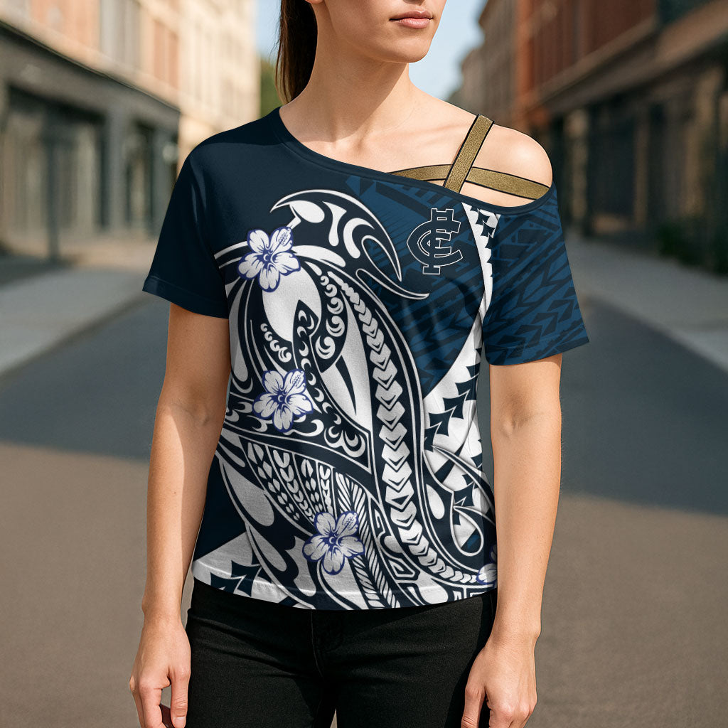 Personalized Carlton Blues Cross Shoulder Shirt Polynesian Tribal Baggers Mascot With Hibiscus Floral Art