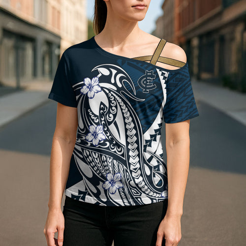 Personalized Carlton Blues Cross Shoulder Shirt Polynesian Tribal Baggers Mascot With Hibiscus Floral Art