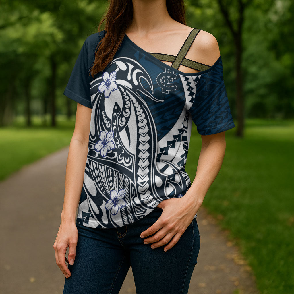 Personalized Carlton Blues Cross Shoulder Shirt Polynesian Tribal Baggers Mascot With Hibiscus Floral Art