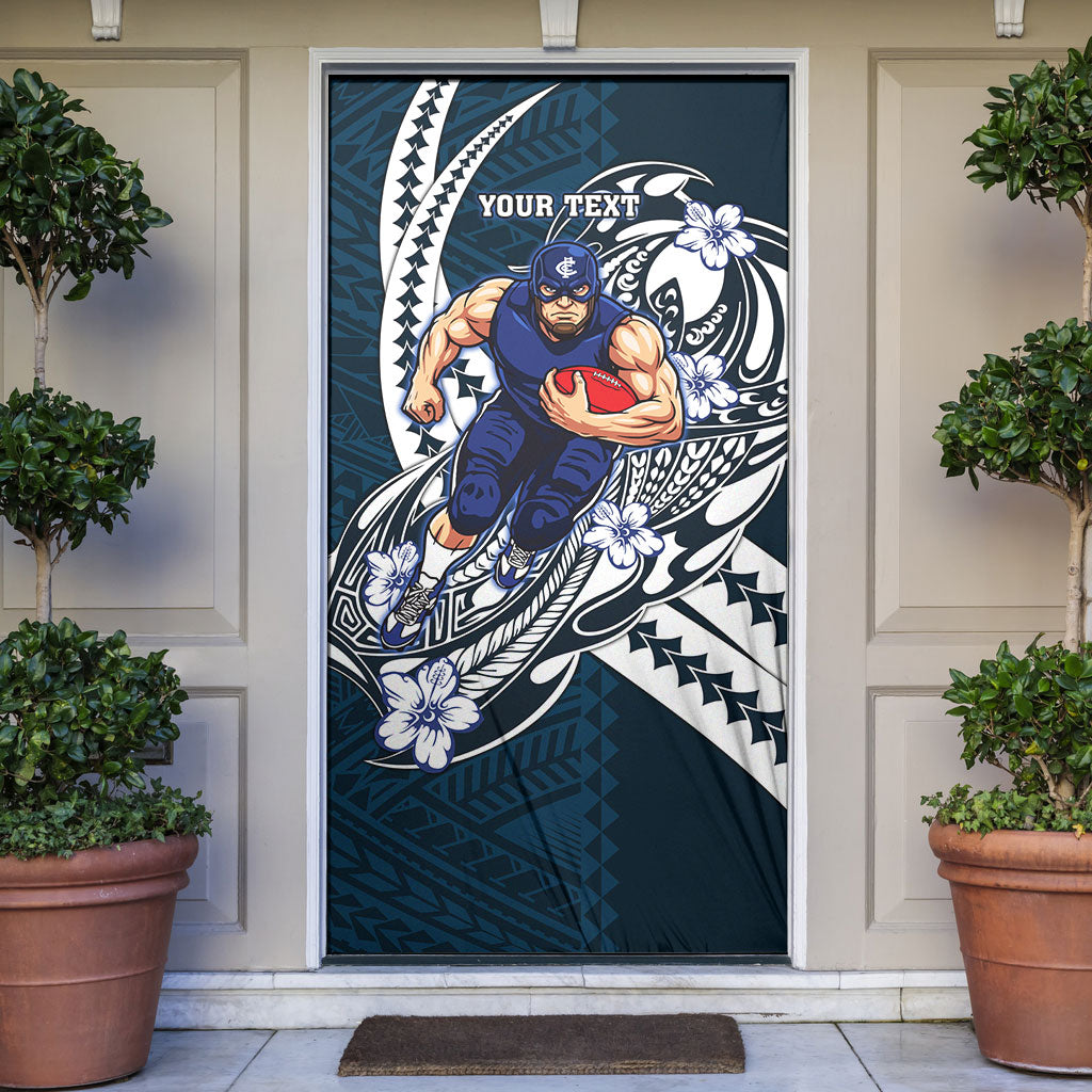 Personalized Carlton Blues Door Cover Polynesian Tribal Baggers Mascot With Hibiscus Floral Art
