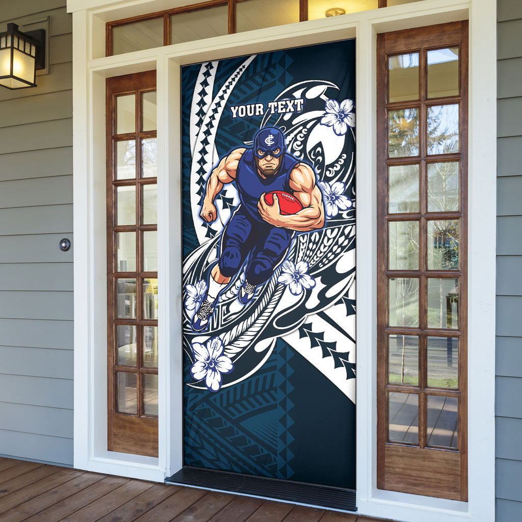 Personalized Carlton Blues Door Cover Polynesian Tribal Baggers Mascot With Hibiscus Floral Art