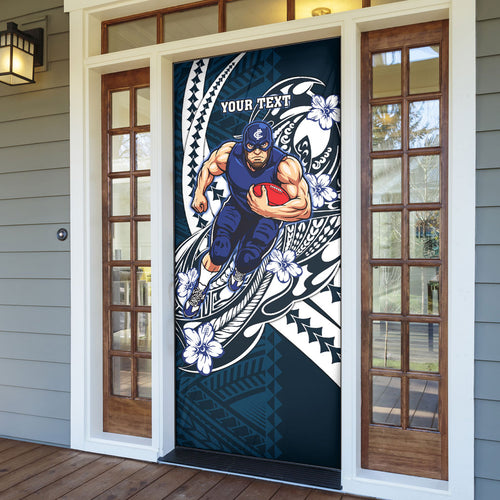 Personalized Carlton Blues Door Cover Polynesian Tribal Baggers Mascot With Hibiscus Floral Art