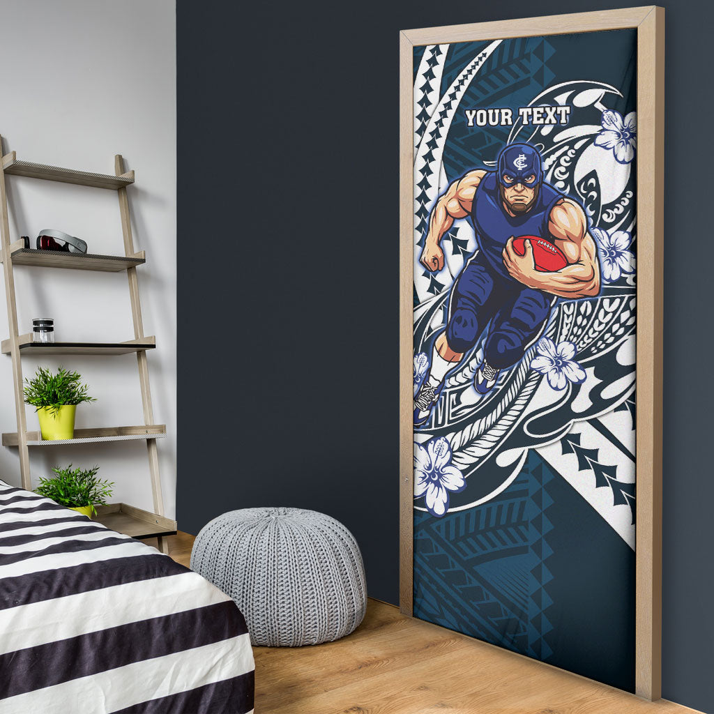 Personalized Carlton Blues Door Cover Polynesian Tribal Baggers Mascot With Hibiscus Floral Art