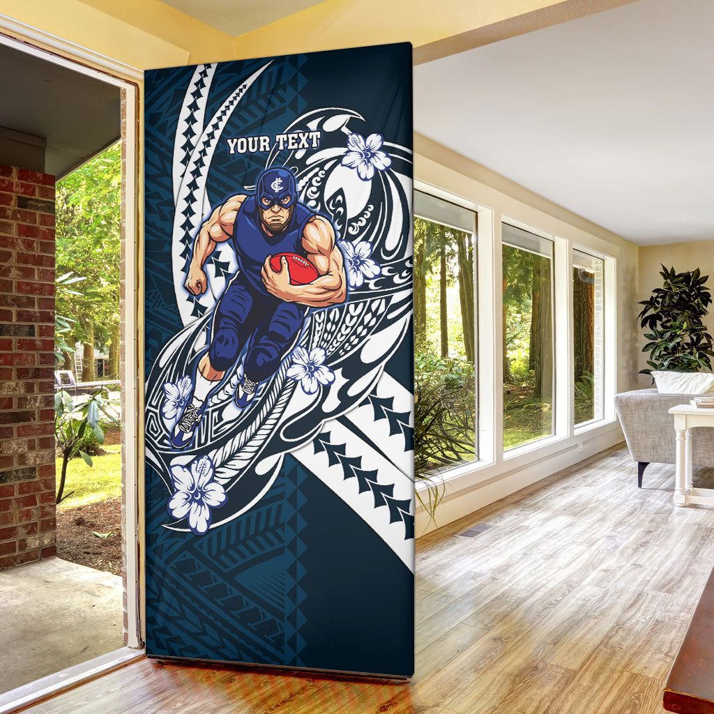 Personalized Carlton Blues Door Cover Polynesian Tribal Baggers Mascot With Hibiscus Floral Art