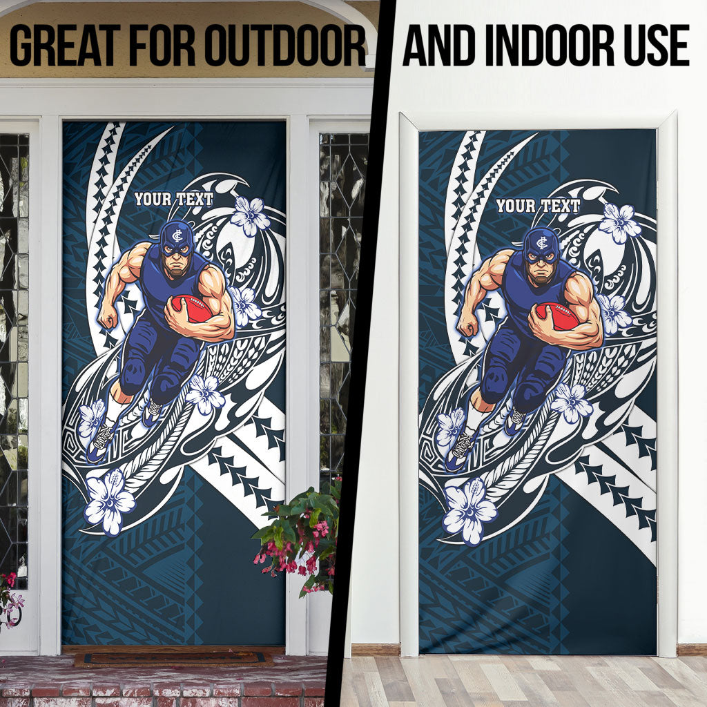 Personalized Carlton Blues Door Cover Polynesian Tribal Baggers Mascot With Hibiscus Floral Art