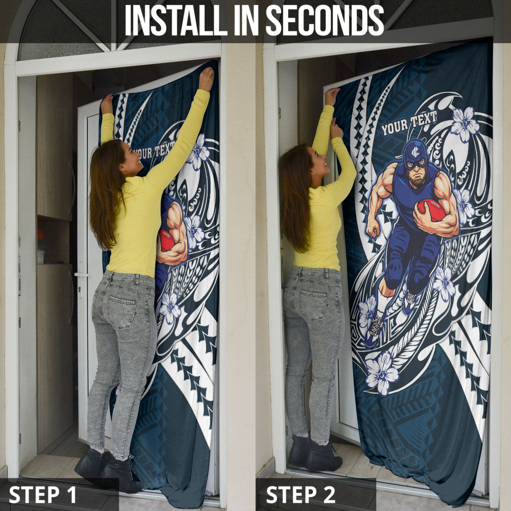 Personalized Carlton Blues Door Cover Polynesian Tribal Baggers Mascot With Hibiscus Floral Art