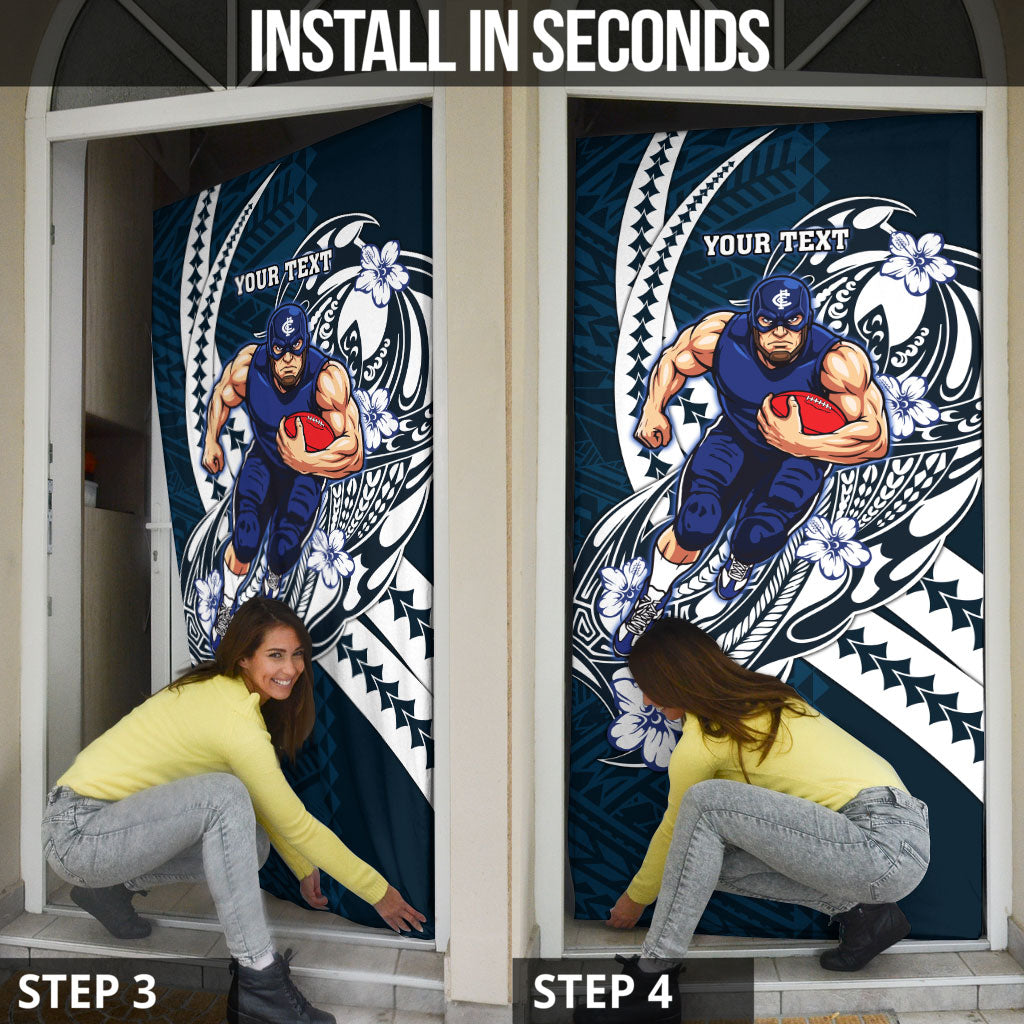 Personalized Carlton Blues Door Cover Polynesian Tribal Baggers Mascot With Hibiscus Floral Art
