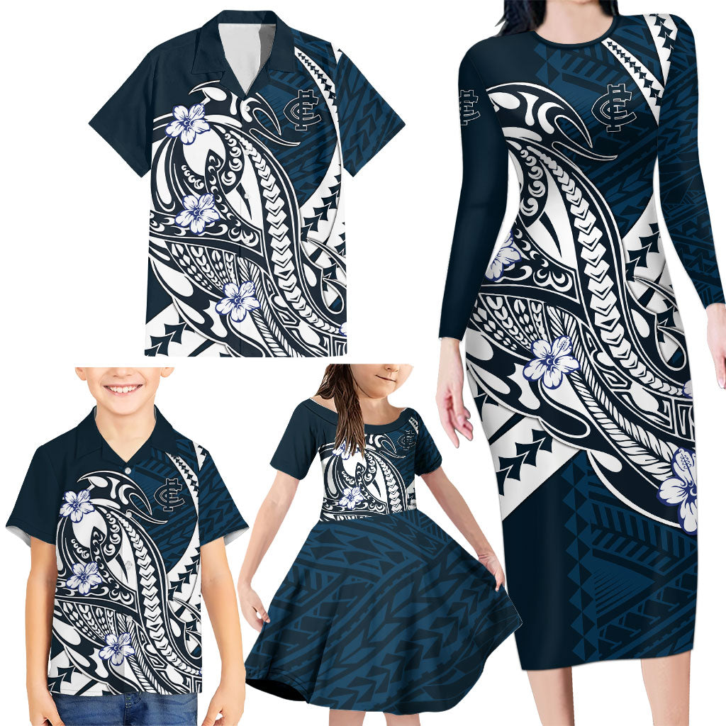 Personalized Carlton Blues Family Matching Long Sleeve Bodycon Dress and Hawaiian Shirt Polynesian Tribal Baggers Mascot With Hibiscus Floral Art