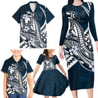 Personalized Carlton Blues Family Matching Long Sleeve Bodycon Dress and Hawaiian Shirt Polynesian Tribal Baggers Mascot With Hibiscus Floral Art