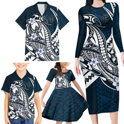 Personalized Carlton Blues Family Matching Long Sleeve Bodycon Dress and Hawaiian Shirt Polynesian Tribal Baggers Mascot With Hibiscus Floral Art
