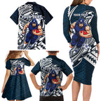 Personalized Carlton Blues Family Matching Long Sleeve Bodycon Dress and Hawaiian Shirt Polynesian Tribal Baggers Mascot With Hibiscus Floral Art