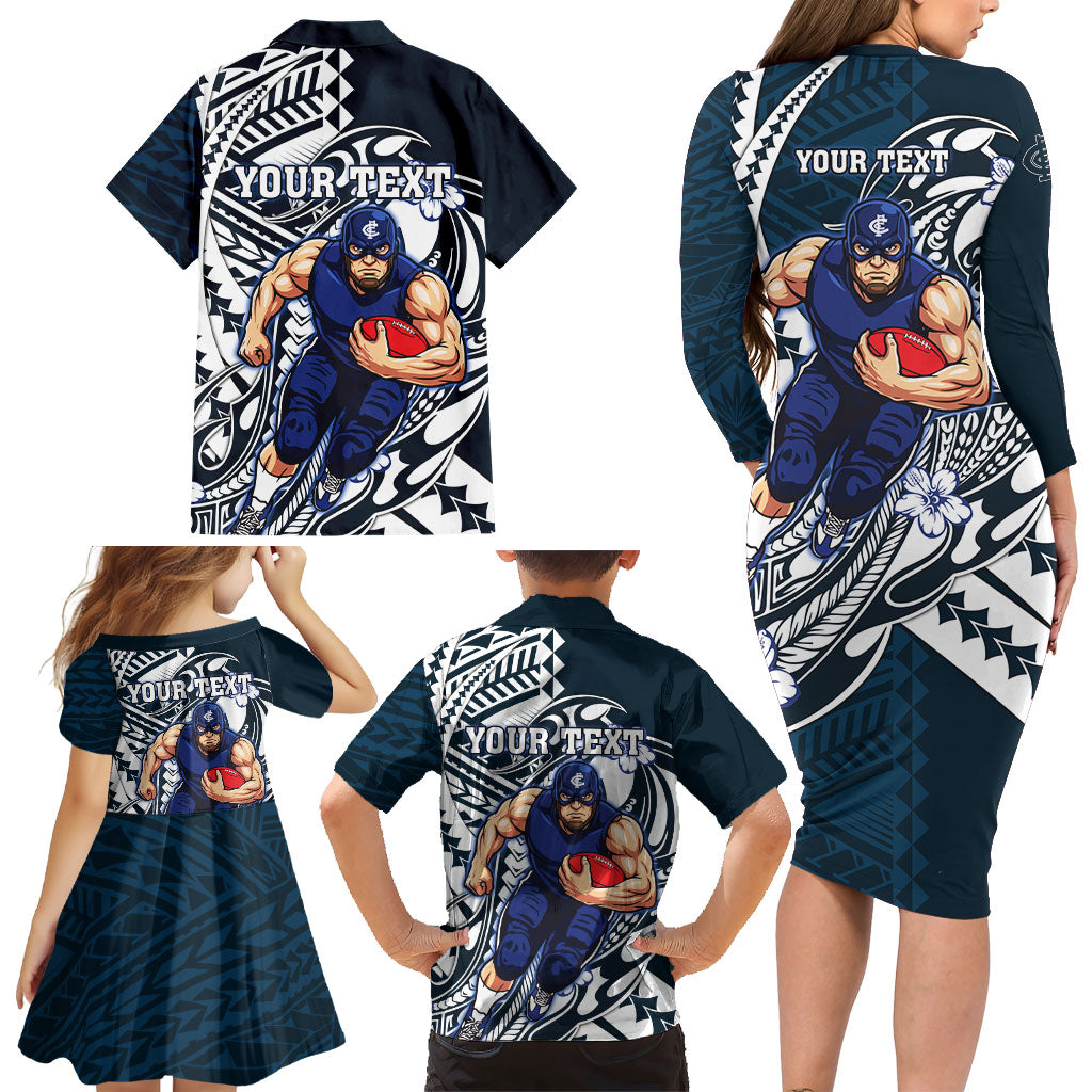 Personalized Carlton Blues Family Matching Long Sleeve Bodycon Dress and Hawaiian Shirt Polynesian Tribal Baggers Mascot With Hibiscus Floral Art