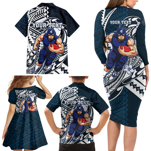 Personalized Carlton Blues Family Matching Long Sleeve Bodycon Dress and Hawaiian Shirt Polynesian Tribal Baggers Mascot With Hibiscus Floral Art
