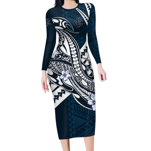 Personalized Carlton Blues Family Matching Long Sleeve Bodycon Dress and Hawaiian Shirt Polynesian Tribal Baggers Mascot With Hibiscus Floral Art