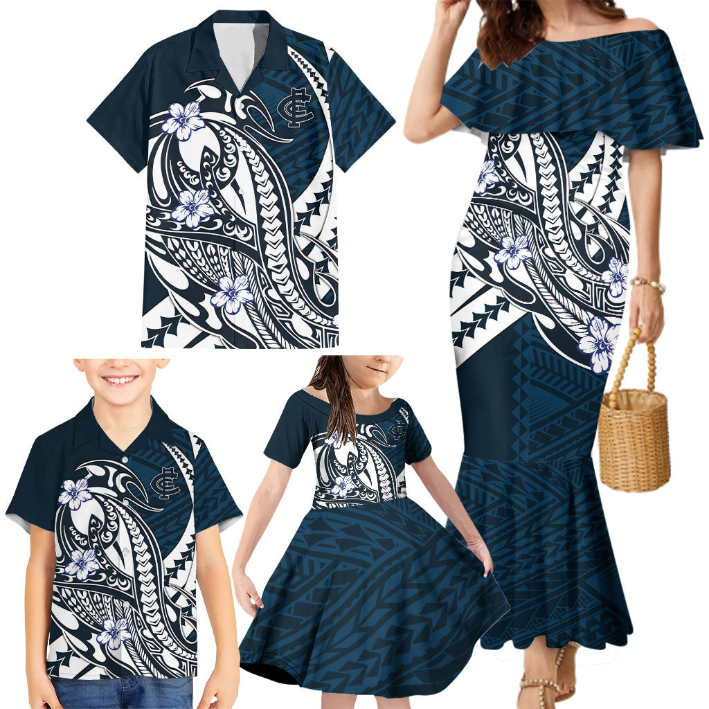 Personalized Carlton Blues Family Matching Mermaid Dress and Hawaiian Shirt Polynesian Tribal Baggers Mascot With Hibiscus Floral Art