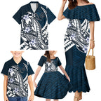 Personalized Carlton Blues Family Matching Mermaid Dress and Hawaiian Shirt Polynesian Tribal Baggers Mascot With Hibiscus Floral Art