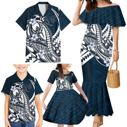 Personalized Carlton Blues Family Matching Mermaid Dress and Hawaiian Shirt Polynesian Tribal Baggers Mascot With Hibiscus Floral Art
