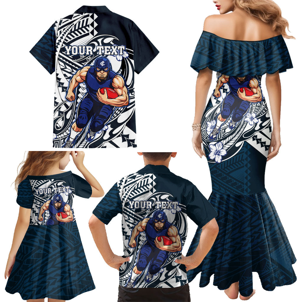 Personalized Carlton Blues Family Matching Mermaid Dress and Hawaiian Shirt Polynesian Tribal Baggers Mascot With Hibiscus Floral Art
