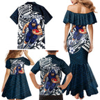 Personalized Carlton Blues Family Matching Mermaid Dress and Hawaiian Shirt Polynesian Tribal Baggers Mascot With Hibiscus Floral Art