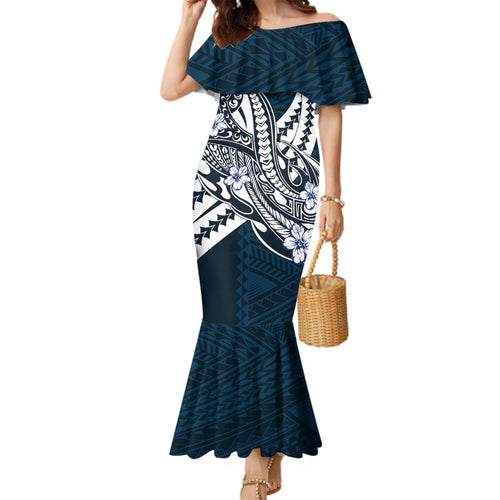 Personalized Carlton Blues Family Matching Mermaid Dress and Hawaiian Shirt Polynesian Tribal Baggers Mascot With Hibiscus Floral Art