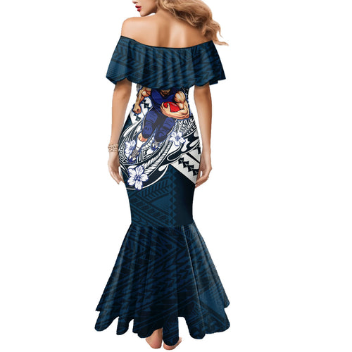 Personalized Carlton Blues Family Matching Mermaid Dress and Hawaiian Shirt Polynesian Tribal Baggers Mascot With Hibiscus Floral Art