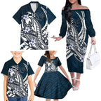 Personalized Carlton Blues Family Matching Off The Shoulder Long Sleeve Dress and Hawaiian Shirt Polynesian Tribal Baggers Mascot With Hibiscus Floral Art