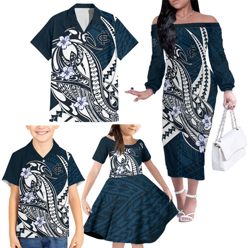 Personalized Carlton Blues Family Matching Off The Shoulder Long Sleeve Dress and Hawaiian Shirt Polynesian Tribal Baggers Mascot With Hibiscus Floral Art