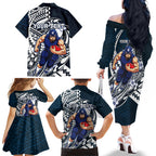 Personalized Carlton Blues Family Matching Off The Shoulder Long Sleeve Dress and Hawaiian Shirt Polynesian Tribal Baggers Mascot With Hibiscus Floral Art