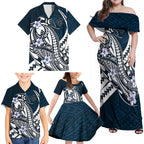 Personalized Carlton Blues Family Matching Off Shoulder Maxi Dress and Hawaiian Shirt Polynesian Tribal Baggers Mascot With Hibiscus Floral Art