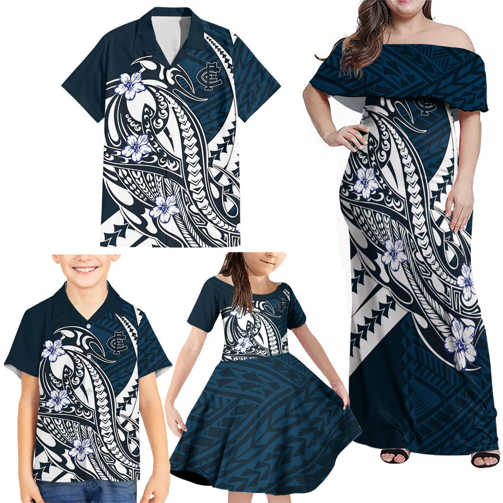 Personalized Carlton Blues Family Matching Off Shoulder Maxi Dress and Hawaiian Shirt Polynesian Tribal Baggers Mascot With Hibiscus Floral Art