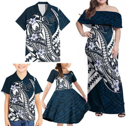 Personalized Carlton Blues Family Matching Off Shoulder Maxi Dress and Hawaiian Shirt Polynesian Tribal Baggers Mascot With Hibiscus Floral Art