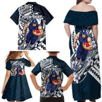 Personalized Carlton Blues Family Matching Off Shoulder Maxi Dress and Hawaiian Shirt Polynesian Tribal Baggers Mascot With Hibiscus Floral Art