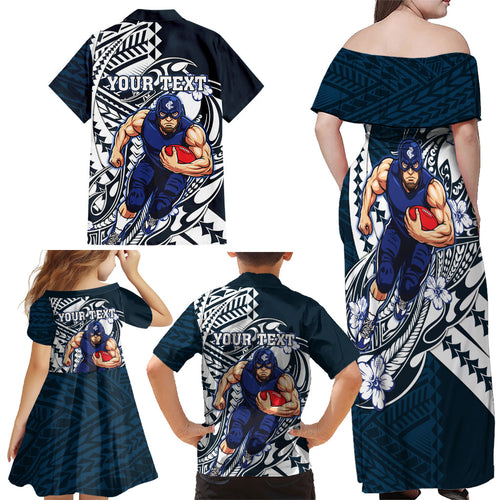 Personalized Carlton Blues Family Matching Off Shoulder Maxi Dress and Hawaiian Shirt Polynesian Tribal Baggers Mascot With Hibiscus Floral Art