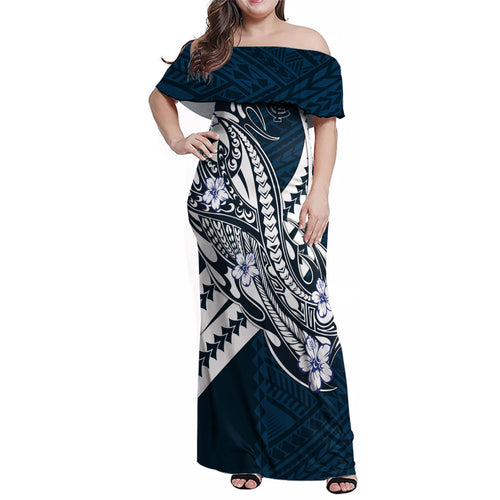 Personalized Carlton Blues Family Matching Off Shoulder Maxi Dress and Hawaiian Shirt Polynesian Tribal Baggers Mascot With Hibiscus Floral Art