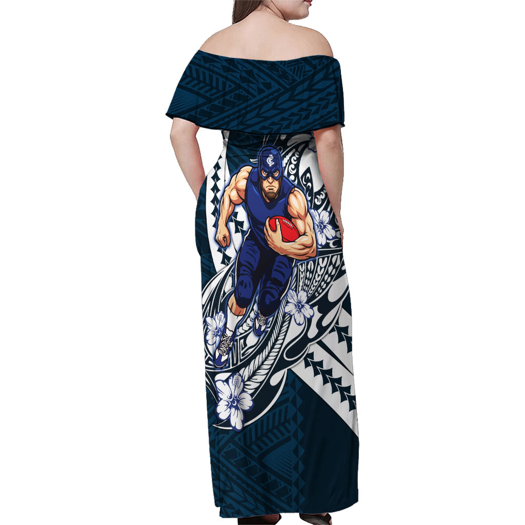 Personalized Carlton Blues Family Matching Off Shoulder Maxi Dress and Hawaiian Shirt Polynesian Tribal Baggers Mascot With Hibiscus Floral Art
