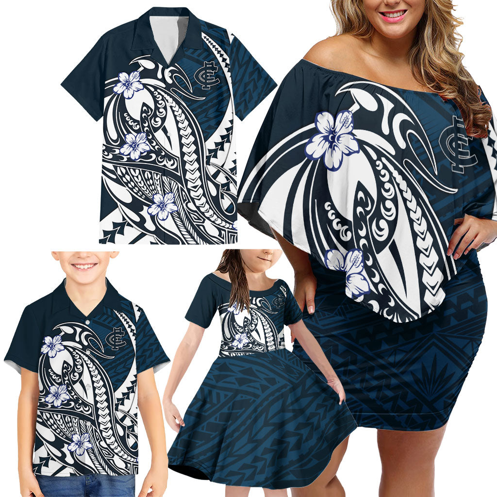 Personalized Carlton Blues Family Matching Off Shoulder Short Dress and Hawaiian Shirt Polynesian Tribal Baggers Mascot With Hibiscus Floral Art